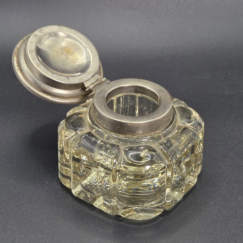 Antique Inkwell Pot Hinged Cap Heavy Cut Thick Glass 1920s - 1930's Silver Tone